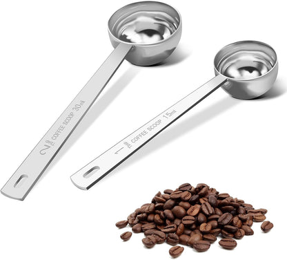 Coffee Scoop Set, Tablespoon Scoop 2 Pc Set (1 Tbsp & 2 Tbsp), Stainless Steel Measuring Spoons for Ground Coffee with Short Handles, for Tea, Sugar, or Flour