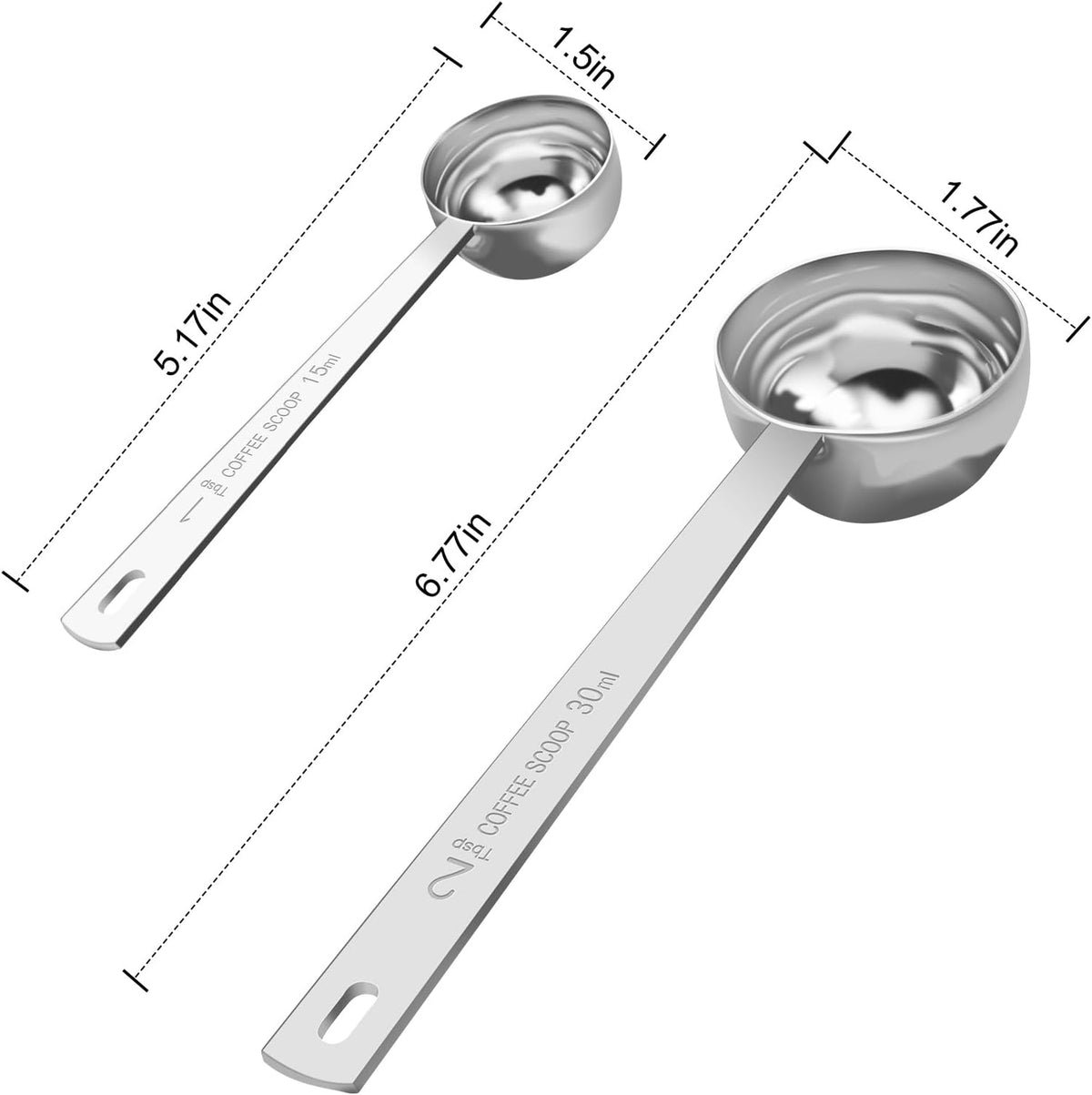 Coffee Scoop Set, Tablespoon Scoop 2 Pc Set (1 Tbsp & 2 Tbsp), Stainless Steel Measuring Spoons for Ground Coffee with Short Handles, for Tea, Sugar, or Flour