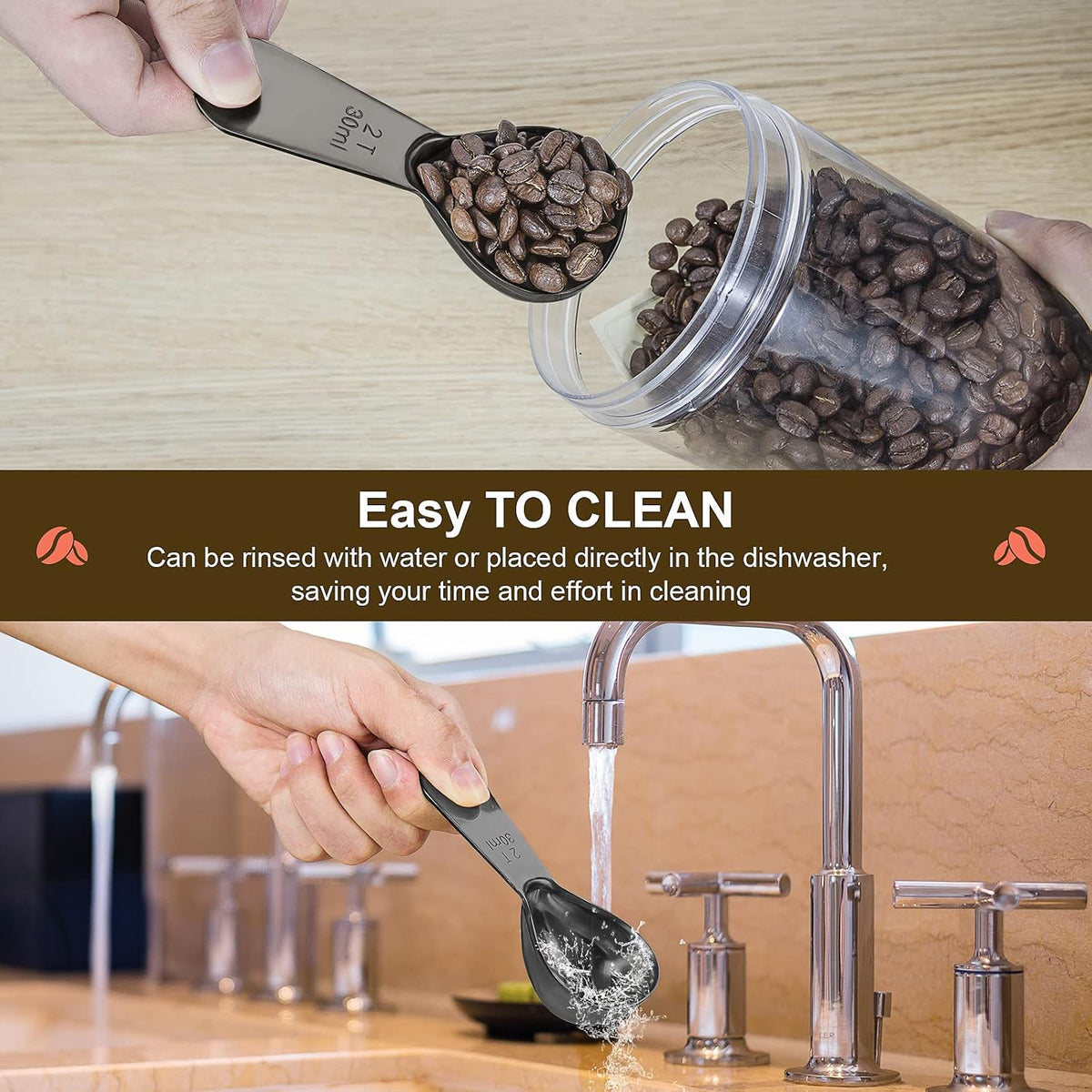 Coffee Scoop Set, Tablespoon Scoop 2 Pc Set (1 Tbsp & 2 Tbsp), Stainless Steel Measuring Spoons for Ground Coffee with Short Handles, for Tea, Sugar, or Flour