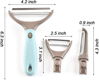Upgraded Trio Peeler Set Julienne Vegetable Peeler Stainless Steel Cabbage Carrot Potato Peelers Veggie and Fruit Peeler for kitchen Set of 3 (Blue)