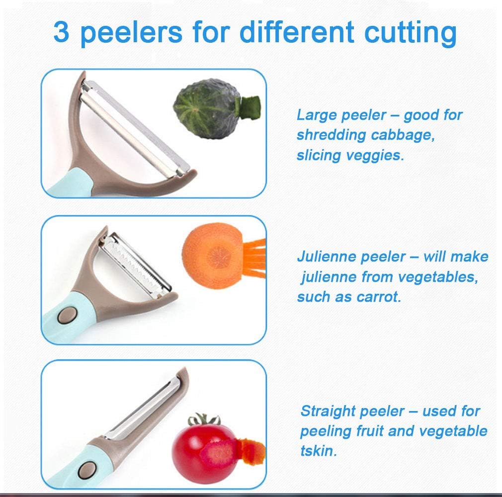 Upgraded Trio Peeler Set Julienne Vegetable Peeler Stainless Steel Cabbage Carrot Potato Peelers Veggie and Fruit Peeler for kitchen Set of 3 (Blue)