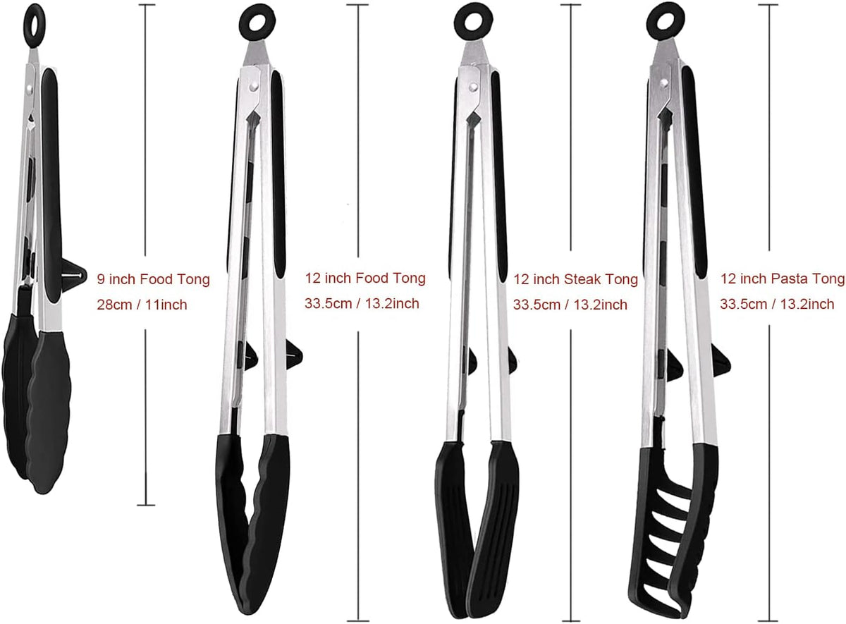 4 Pack Silicone Kitchen Cooking Tongs Set, Stainless Steel Nonstick Food Tong with BPA Free Silicone Tips for Serving Pasta Spaghetti Steak Pie Pizza Salad Vegetable Fruit Grilling BBQ Buffet 9" & 12"