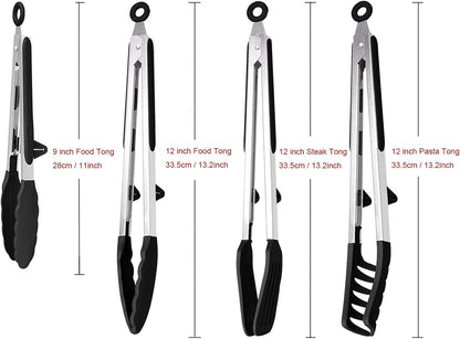 4 Pack Silicone Kitchen Cooking Tongs Set, Stainless Steel Nonstick Food Tong with BPA Free Silicone Tips for Serving Pasta Spaghetti Steak Pie Pizza Salad Vegetable Fruit Grilling BBQ Buffet 9" & 12"