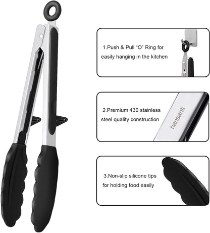 4 Pack Silicone Kitchen Cooking Tongs Set, Stainless Steel Nonstick Food Tong with BPA Free Silicone Tips for Serving Pasta Spaghetti Steak Pie Pizza Salad Vegetable Fruit Grilling BBQ Buffet 9" & 12"