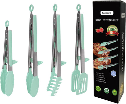 4 Pack Silicone Kitchen Cooking Tongs Set, Stainless Steel Nonstick Food Tong with BPA Free Silicone Tips for Serving Pasta Spaghetti Steak Pie Pizza Salad Vegetable Fruit Grilling BBQ Buffet 9" & 12"