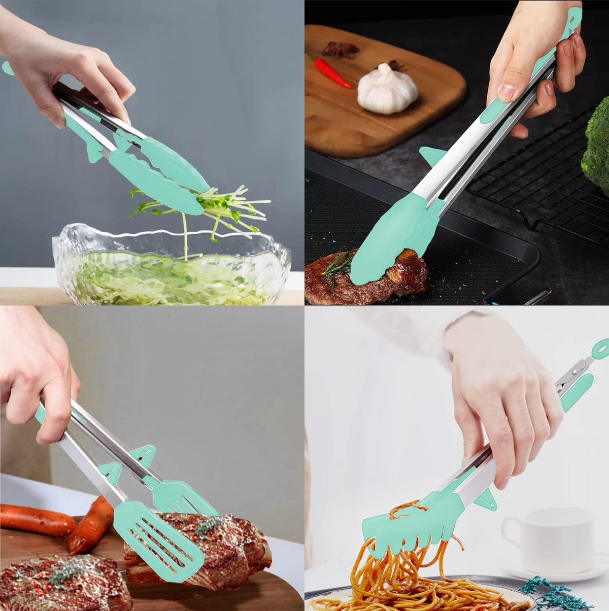 4 Pack Silicone Kitchen Cooking Tongs Set, Stainless Steel Nonstick Food Tong with BPA Free Silicone Tips for Serving Pasta Spaghetti Steak Pie Pizza Salad Vegetable Fruit Grilling BBQ Buffet 9" & 12"