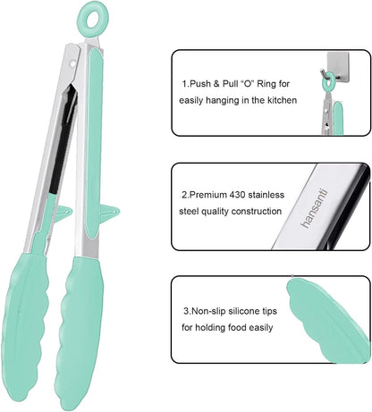 4 Pack Silicone Kitchen Cooking Tongs Set, Stainless Steel Nonstick Food Tong with BPA Free Silicone Tips for Serving Pasta Spaghetti Steak Pie Pizza Salad Vegetable Fruit Grilling BBQ Buffet 9" & 12"