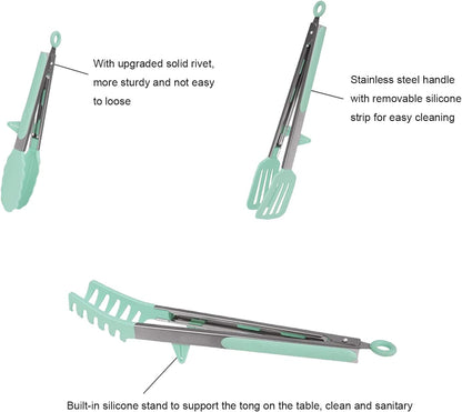 4 Pack Silicone Kitchen Cooking Tongs Set, Stainless Steel Nonstick Food Tong with BPA Free Silicone Tips for Serving Pasta Spaghetti Steak Pie Pizza Salad Vegetable Fruit Grilling BBQ Buffet 9" & 12"