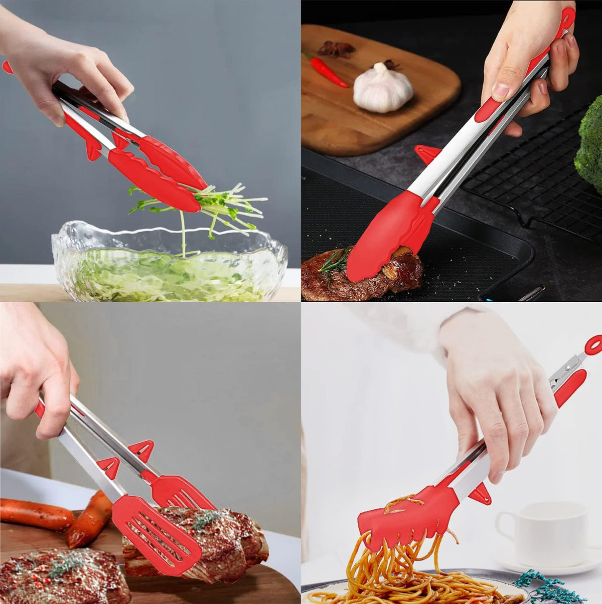 4 Pack Silicone Kitchen Cooking Tongs Set, Stainless Steel Nonstick Food Tong with BPA Free Silicone Tips for Serving Pasta Spaghetti Steak Pie Pizza Salad Vegetable Fruit Grilling BBQ Buffet 9" & 12"