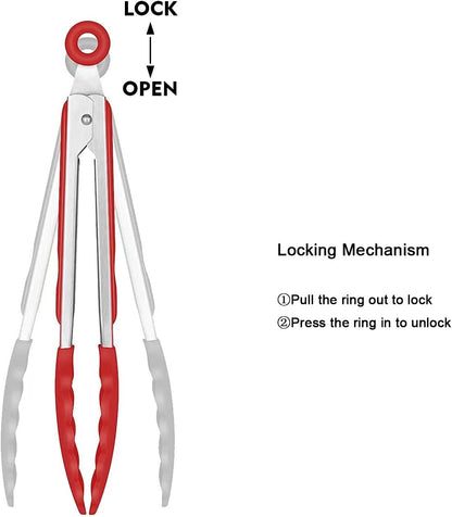 4 Pack Silicone Kitchen Cooking Tongs Set, Stainless Steel Nonstick Food Tong with BPA Free Silicone Tips for Serving Pasta Spaghetti Steak Pie Pizza Salad Vegetable Fruit Grilling BBQ Buffet 9" & 12"