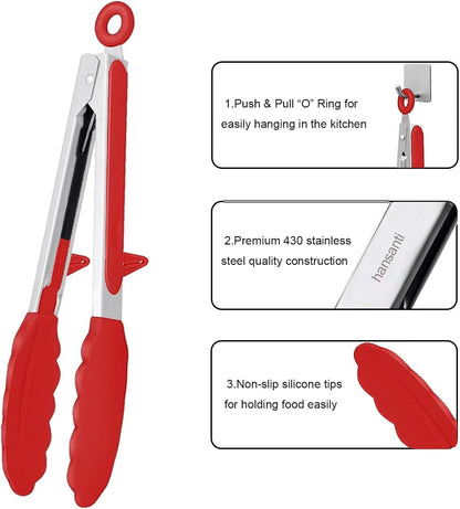 4 Pack Silicone Kitchen Cooking Tongs Set, Stainless Steel Nonstick Food Tong with BPA Free Silicone Tips for Serving Pasta Spaghetti Steak Pie Pizza Salad Vegetable Fruit Grilling BBQ Buffet 9" & 12"