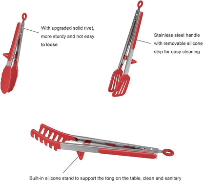 4 Pack Silicone Kitchen Cooking Tongs Set, Stainless Steel Nonstick Food Tong with BPA Free Silicone Tips for Serving Pasta Spaghetti Steak Pie Pizza Salad Vegetable Fruit Grilling BBQ Buffet 9" & 12"