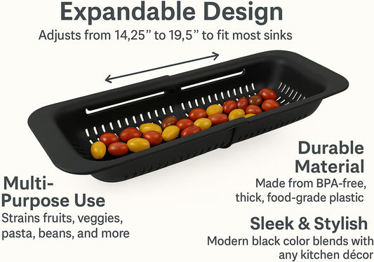 Over-the-Sink Expandable Colander – BPA-Free Collapsible Plastic Strainer for Fruits, Vegetables, Pasta & Dishes – 14.25" to 19.5" Adjustable Sink Basket – Black