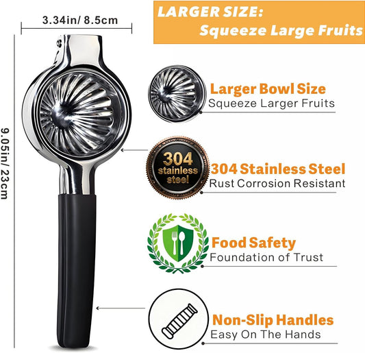 Stainless Steel Lemon Squeezer, X-Large Manual Citrus Juicer | Non-Slip Silicone Handles, 304 Grade Steel Large Manual Citrus Press, Ergonomic Design Handheld Lime Squeezer Fruit Juicer