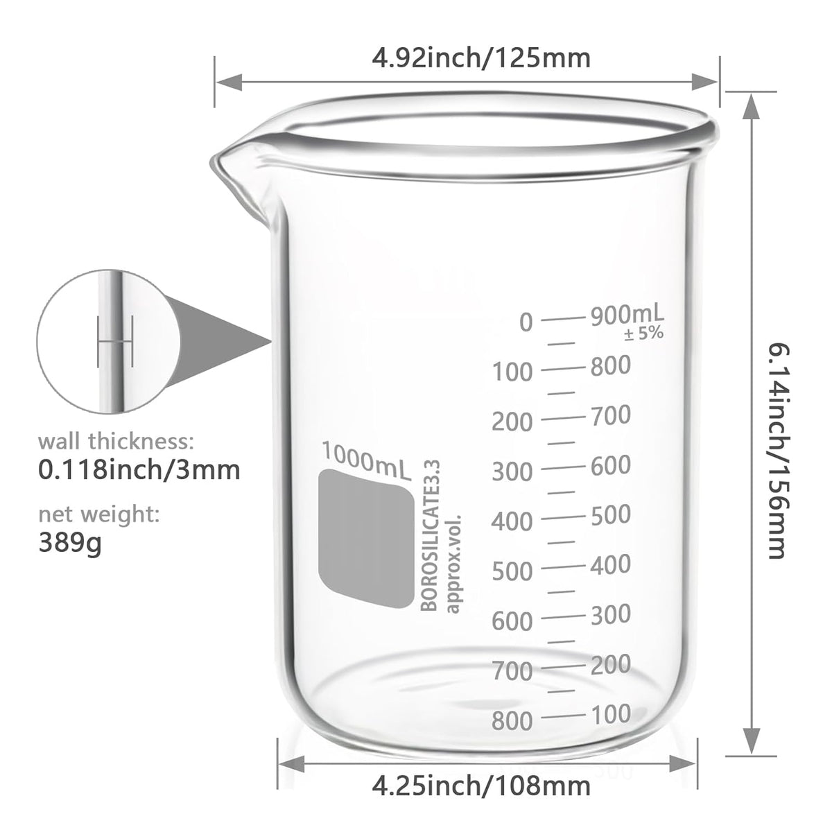 Heavy Duty 1000ML Glass Beaker White Double Scale Graduation, Borosilicate 3.3 Glass Lab Beaker, Low Form Griffin Glass Measuring Beaker, 1 Each (1000ML)