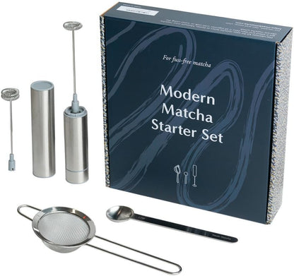 Modern Matcha Starter Set | Electric Matcha Whisk and Milk Frother with Single and Double Frother Head, Stainless Steel Spoon, Stainless Steel Sifter