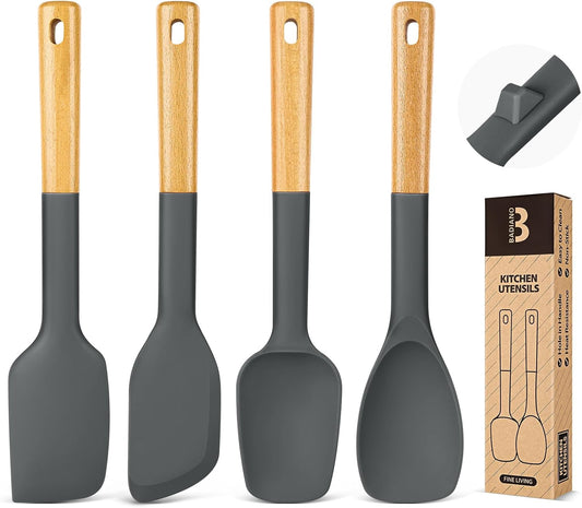 Silicone Spatula Spoon Set, Great for Mixing, Folding, Scraping, and Spreading, Sturdy BPA-Free Matte Silicone, Wooden Handle Rubber Spoonula for Nonstick Cookwares,4 Pack (GREY)
