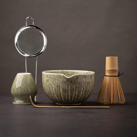 Matcha Set - Match Bowl and Whisk, 15 OZ Matcha Whisk Set | Matcha Scoop | Matcha Whisk Stand (Chasen Holder) - 5pc Perfect Matcha Kit for Matcha Tea Ceremony (Mottled Green)