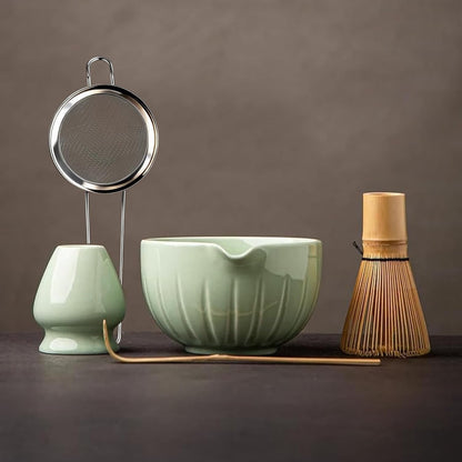 Matcha Set - Match Bowl and Whisk, 15 OZ Matcha Whisk Set | Matcha Scoop | Matcha Whisk Stand (Chasen Holder) - 5pc Perfect Matcha Kit for Matcha Tea Ceremony (Mottled Green)
