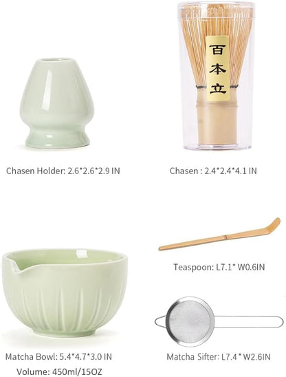 Matcha Set - Match Bowl and Whisk, 15 OZ Matcha Whisk Set | Matcha Scoop | Matcha Whisk Stand (Chasen Holder) - 5pc Perfect Matcha Kit for Matcha Tea Ceremony (Mottled Green)