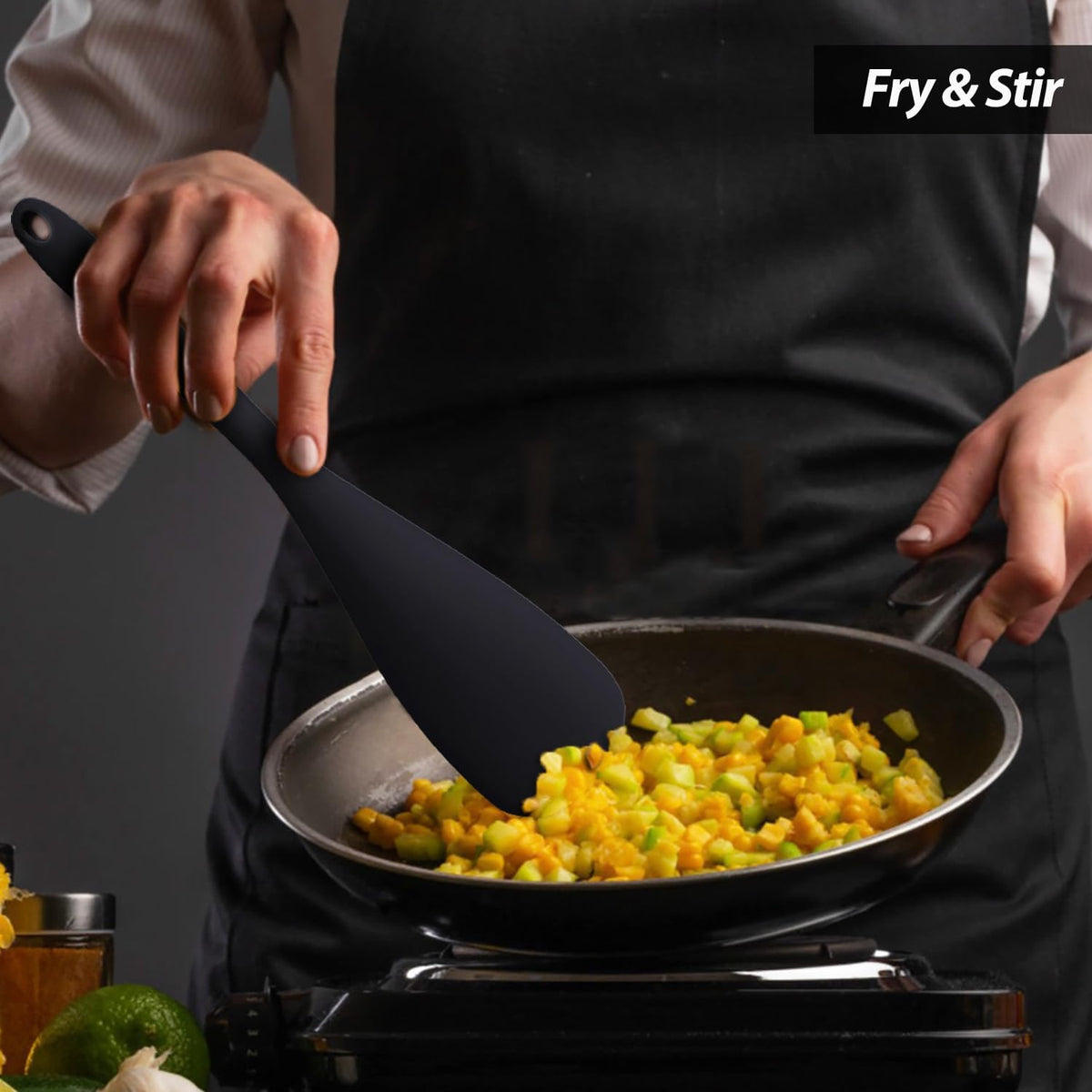 Cooking Spoon for Nonstick Cookwares, Silicone Spoon for Mixing, Scoop, and Scrape, Black, 11.4''