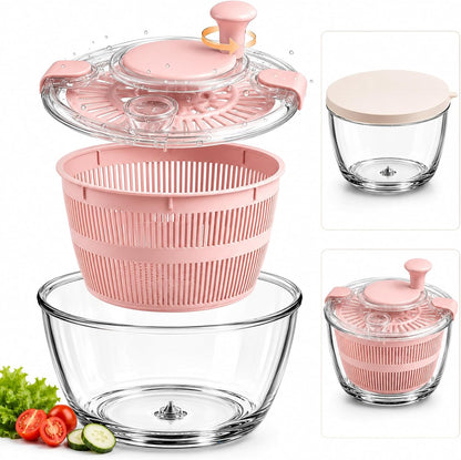 High Borosilicate Glass Salad Spinner with Microwave Safe Bowl | 5.2 Quart Large Lettuce Vegetable Washer Dryer | Easy Pump Dehydrator for Fruits Greens | Durable Easy Clean Food Prep Tool (Pink)