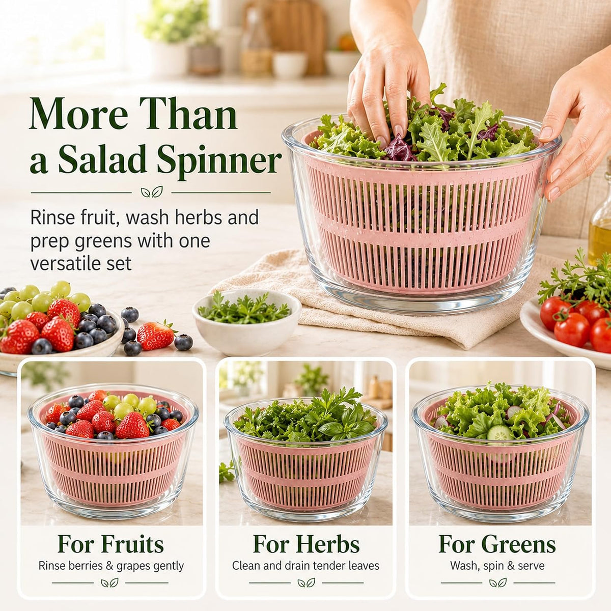 High Borosilicate Glass Salad Spinner with Microwave Safe Bowl | 5.2 Quart Large Lettuce Vegetable Washer Dryer | Easy Pump Dehydrator for Fruits Greens | Durable Easy Clean Food Prep Tool (Pink)