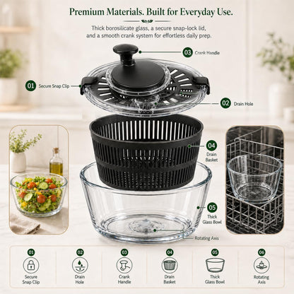 High Borosilicate Glass Salad Spinner with Microwave Safe Bowl | 5.2 Quart Large Lettuce Vegetable Washer Dryer | Easy Pump Dehydrator for Fruits Greens | Durable Easy Clean Food Prep Tool (Pink)