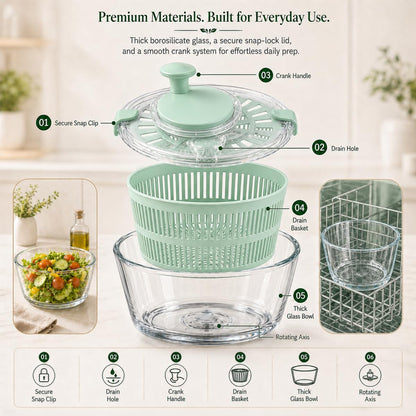 High Borosilicate Glass Salad Spinner with Microwave Safe Bowl | 5.2 Quart Large Lettuce Vegetable Washer Dryer | Easy Pump Dehydrator for Fruits Greens | Durable Easy Clean Food Prep Tool (Pink)
