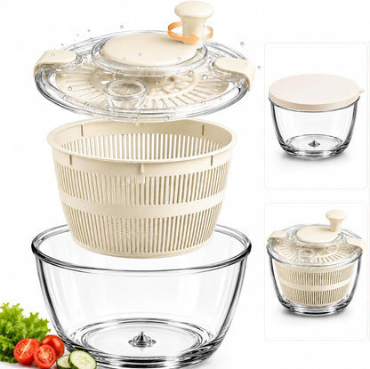 High Borosilicate Glass Salad Spinner with Microwave Safe Bowl | 5.2 Quart Large Lettuce Vegetable Washer Dryer | Easy Pump Dehydrator for Fruits Greens | Durable Easy Clean Food Prep Tool (Pink)