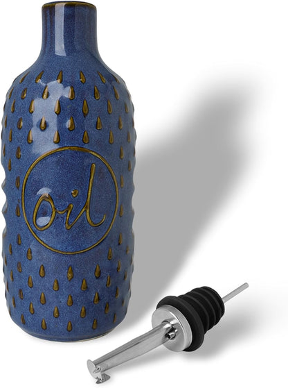 Ceramic Olive Oil Dispenser Bottle, Relief Opaque Oil Cruet (Blue) | 13oz Capacity,Drip-Free Pouring Spout,Opaque Ceramic,Embossed Design