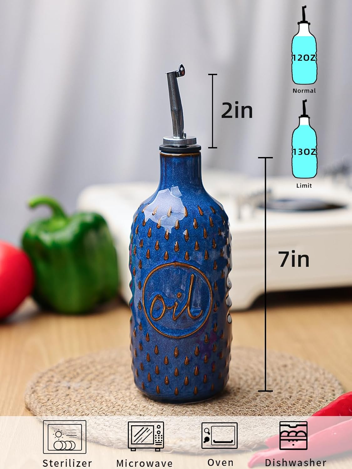 Ceramic Olive Oil Dispenser Bottle, Relief Opaque Oil Cruet (Blue) | 13oz Capacity,Drip-Free Pouring Spout,Opaque Ceramic,Embossed Design