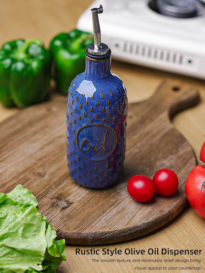 Ceramic Olive Oil Dispenser Bottle, Relief Opaque Oil Cruet (Blue) | 13oz Capacity,Drip-Free Pouring Spout,Opaque Ceramic,Embossed Design