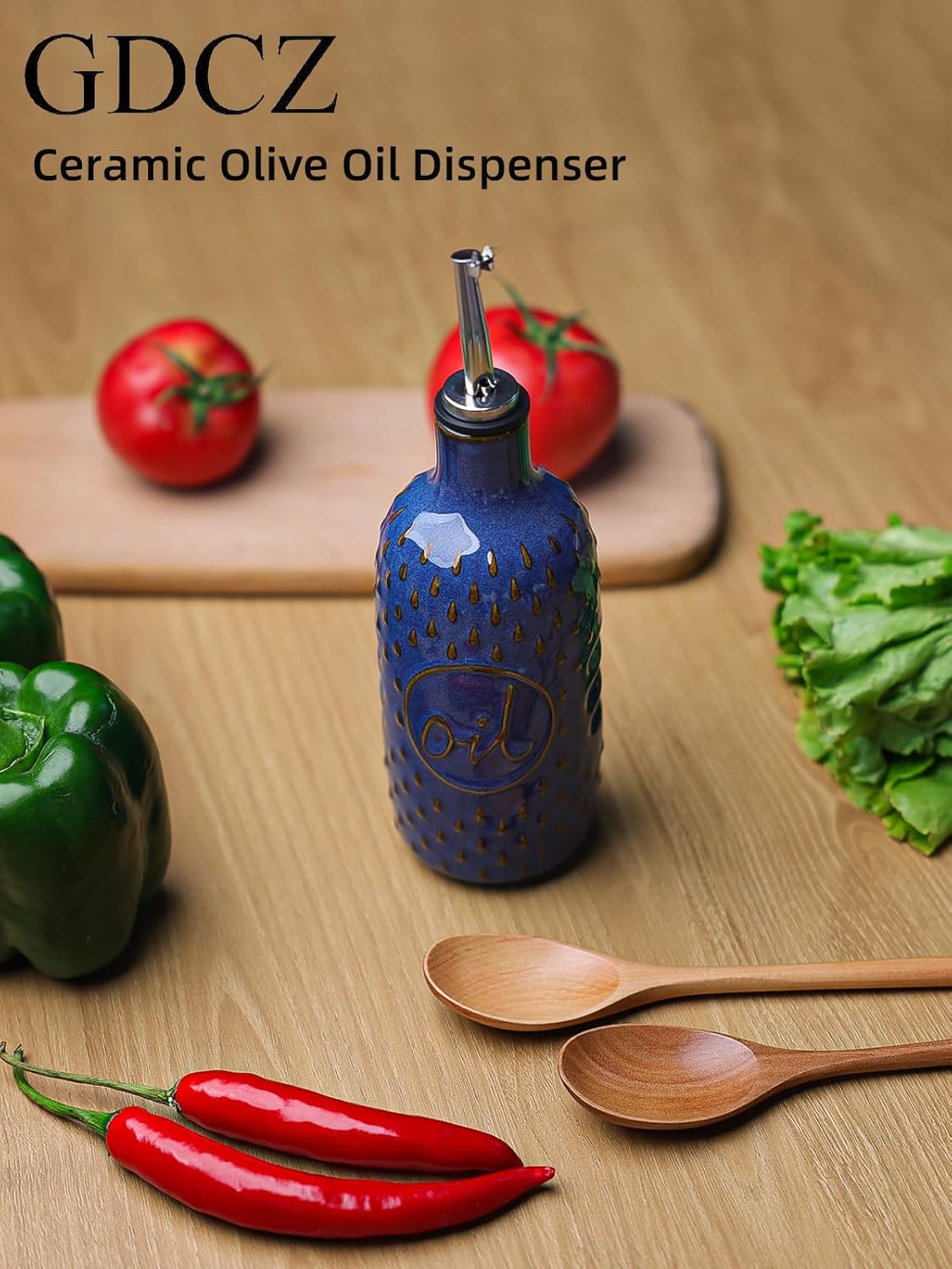 Ceramic Olive Oil Dispenser Bottle, Relief Opaque Oil Cruet (Blue) | 13oz Capacity,Drip-Free Pouring Spout,Opaque Ceramic,Embossed Design
