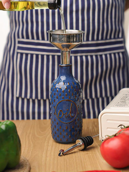 Ceramic Olive Oil Dispenser Bottle, Relief Opaque Oil Cruet (Blue) | 13oz Capacity,Drip-Free Pouring Spout,Opaque Ceramic,Embossed Design