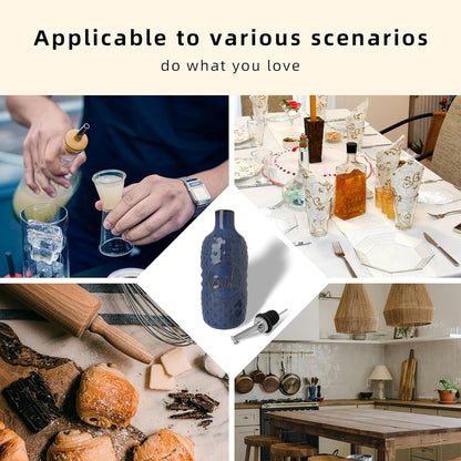 Ceramic Olive Oil Dispenser Bottle, Relief Opaque Oil Cruet (Blue) | 13oz Capacity,Drip-Free Pouring Spout,Opaque Ceramic,Embossed Design