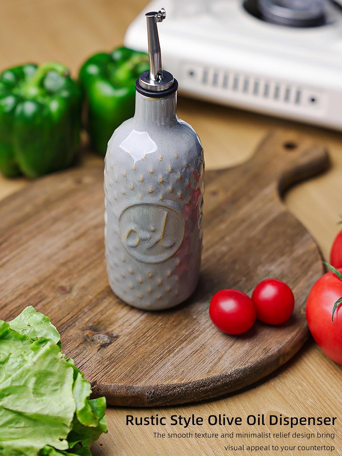 Ceramic Olive Oil Dispenser Bottle, Relief Opaque Oil Cruet (Blue) | 13oz Capacity,Drip-Free Pouring Spout,Opaque Ceramic,Embossed Design