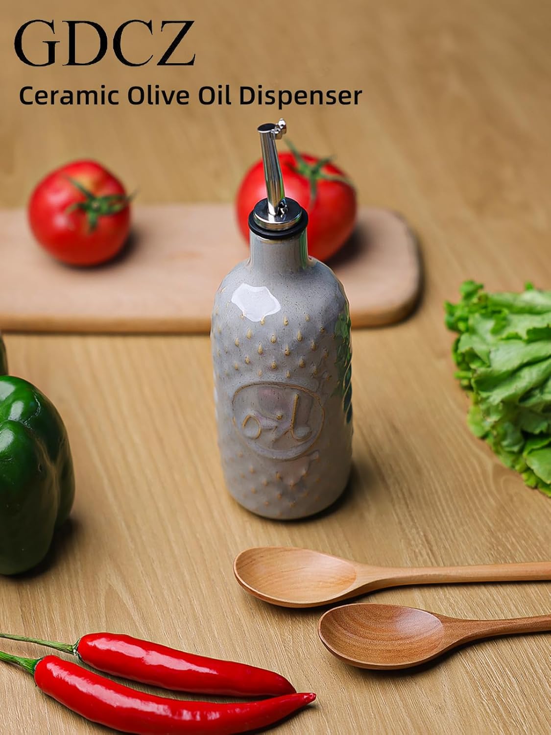 Ceramic Olive Oil Dispenser Bottle, Relief Opaque Oil Cruet (Blue) | 13oz Capacity,Drip-Free Pouring Spout,Opaque Ceramic,Embossed Design