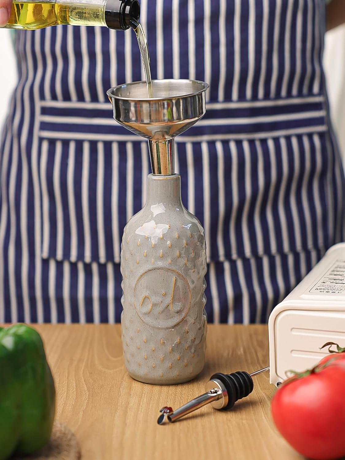 Ceramic Olive Oil Dispenser Bottle, Relief Opaque Oil Cruet (Blue) | 13oz Capacity,Drip-Free Pouring Spout,Opaque Ceramic,Embossed Design