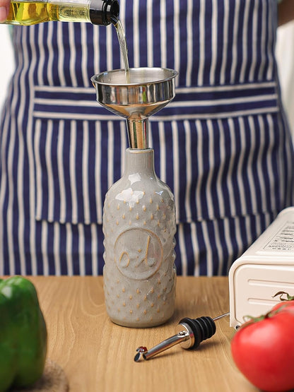 Ceramic Olive Oil Dispenser Bottle, Relief Opaque Oil Cruet (Blue) | 13oz Capacity,Drip-Free Pouring Spout,Opaque Ceramic,Embossed Design