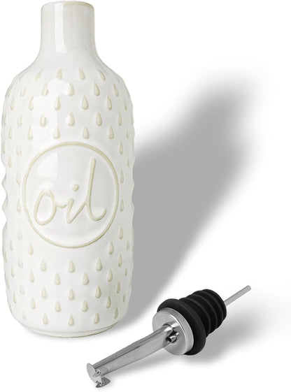 Ceramic Olive Oil Dispenser Bottle, Relief Opaque Oil Cruet (Blue) | 13oz Capacity,Drip-Free Pouring Spout,Opaque Ceramic,Embossed Design