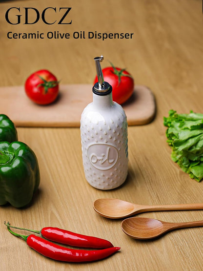 Ceramic Olive Oil Dispenser Bottle, Relief Opaque Oil Cruet (Blue) | 13oz Capacity,Drip-Free Pouring Spout,Opaque Ceramic,Embossed Design