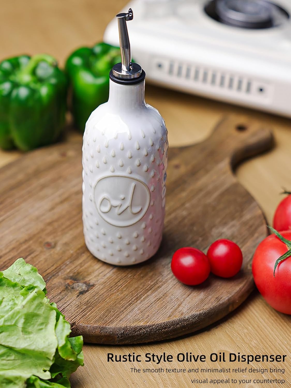 Ceramic Olive Oil Dispenser Bottle, Relief Opaque Oil Cruet (Blue) | 13oz Capacity,Drip-Free Pouring Spout,Opaque Ceramic,Embossed Design