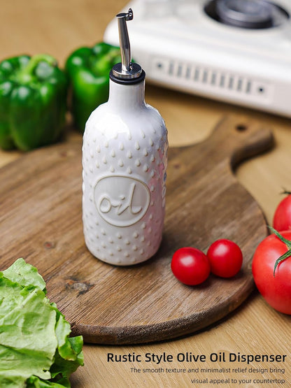 Ceramic Olive Oil Dispenser Bottle, Relief Opaque Oil Cruet (Blue) | 13oz Capacity,Drip-Free Pouring Spout,Opaque Ceramic,Embossed Design