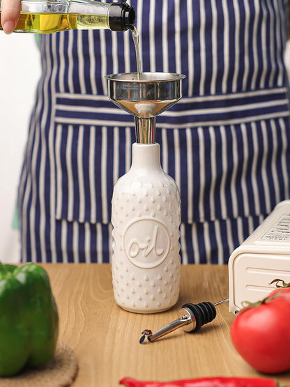 Ceramic Olive Oil Dispenser Bottle, Relief Opaque Oil Cruet (Blue) | 13oz Capacity,Drip-Free Pouring Spout,Opaque Ceramic,Embossed Design