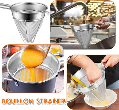 Stainless Steel Reinforced Bouillon Sieve Strainer Cone Fine Mesh Strainer with Handle and Rubber Pestle for Kitchen Food Cooking(8 Inch)
