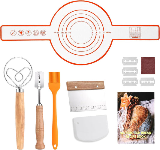 Danish Dough Whisk Set 7 Piece with Wooden Handle - Sourdough Baking Supplies Kit Includes Bread Whisk, Scoring Tool, Dough Scraper, Baking Mat & Pastry Brush - Top Gadgets for Bakers