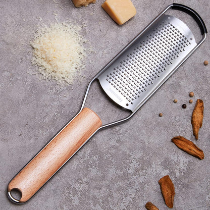 Stainless Steel Cheese Grater w/Wood Handle for Parmesan Cheese | Cheese Grater Zester for Lemon, Ginger, Cheese, Potato, Natural Wood Handle with Non-Slip Rubber Foot, 304 Stainless Steel