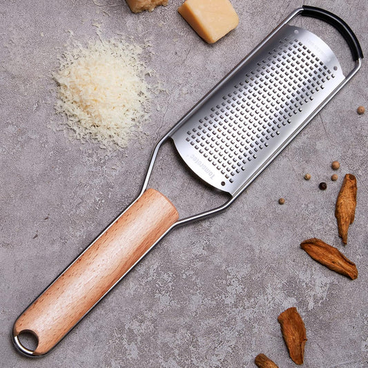 Stainless Steel Cheese Grater w/Wood Handle for Parmesan Cheese | Cheese Grater Zester for Lemon, Ginger, Cheese, Potato, Natural Wood Handle with Non-Slip Rubber Foot, 304 Stainless Steel