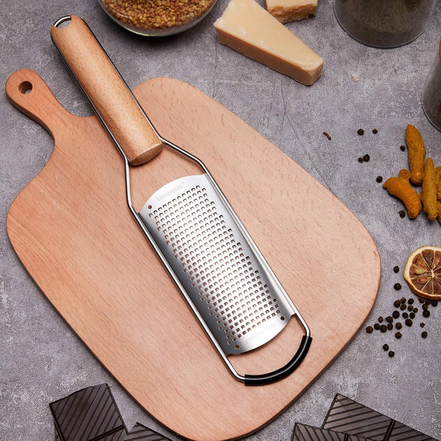 Stainless Steel Cheese Grater w/Wood Handle for Parmesan Cheese | Cheese Grater Zester for Lemon, Ginger, Cheese, Potato, Natural Wood Handle with Non-Slip Rubber Foot, 304 Stainless Steel